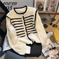 Mùa Thu 2024 Nối Sọc Dệt Kim Cardigan Tay Phồng Voan Áo Len Ngắn Giả Hai Mảnh Top