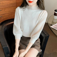 Mùa Thu 2024 Rỗng Hơi Trong Suốt Nửa Cổ Cao Cổ Ren Áo Lưới Khâu Đèn Lồng Tay Áo Len Thiết Kế Hàng Đầu Nữ E7AO