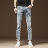 Mùa Thu Ánh Sáng Xanh Quần Jean Nam Dạo Phố Sơn Co Giãn Bắn Mực Trầy Xước Hợp Thời Trang Slim fit Chân Nhỏ Rách Mắt Cá Chân20250317