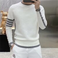 Mùa Thu Đông Bốn Thanh Khâu Áo Len Xanh Sọc Cao Cấp Dệt Kim Áo Len Thường Ngày Nam Xu Hướng Cổ Tròn Dài Tay Áo Len