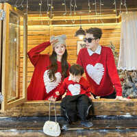 Mùa Thu Đông Cha Mẹ-Con Mặc Mẹ-Con Mặc Áo Len Dài Tay Tình Yêu Màu Đỏ Gia Đình Bốn Kỳ Nghỉ Du Lịch Cha @