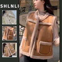 Mùa Thu Đông Cổ Tròn Phong Cách Hàn Quốc Màu Trơn Áo Vest Nữ Giả Cừu Len Áo Thường Ngày