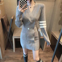 Mùa Thu Đông Hẹp Phong Cách Chanel Cổ Chữ v Nhỏ Slim-Fit Áo Len Đáy Váy Hông Đóng Gói Váy Dệt Kim