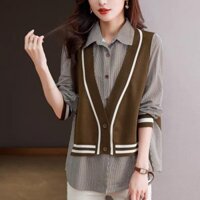 Mùa Thu Đông Kỳ Nghỉ Hai Mảnh Dệt Kim Áo Sơ Mi Chắp Vá Nữ Tay Dài S