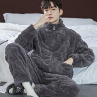 Mùa Thu Đông Nam San Hô Bộ Đồ Ngủ Lông Cừu Dây Kéo Cực Dày Lông Cừu Flannel Loungewear Set Mùa Đông