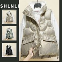 Mùa Thu Đông Nữ Phong Cách Hàn Quốc Sáng Bóng Áo Vest Cotton Màu Trơn Đa Năng Dây Kéo Áo Khoác Cotton Không Tay