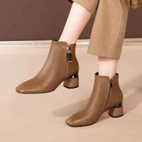 Mùa Thu Đông Phong Cách Anh Quốc Lilan Martin Boots Tất Cả Trận Đấu Giày Bốt Bên Dây Kéo Ngón Chân Vuông Nữ Dày Gót Phong Cách Mới Nữ Qiao Da Mềm Giày Bốt Ngắn