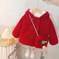 Mùa Thu Đông Thích Hợp Cho Bé Gái 0-5 Tuổi Lông Cừu Dày Có Mũ Trùm Đầu Trẻ Em Dễ Thương Tai Thỏ Áo Khoác Màu Đỏ