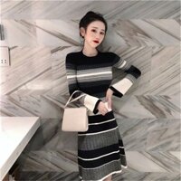 Mùa Thu Hepburn Gió Trung Bình Dài Áo Len Váy Bao Trùm Mông Qua Đầu Gối Bên Trong Mặc Sọc Dệt Kim Váy Nữ