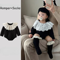 Mùa Thu Mới Cho Bé Jumpsuit + Tất Trẻ Sơ Sinh Bé Gái Tay Dài Cổ Ren Áo Liền Quần Màu Đen 0-2 Tuổi Sơ Sinh Body