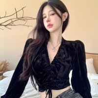 Mùa Thu Phong Cách Chanel Ren Dây Rút Cổ Vàng Nhung Áo Sơ Mi Nữ Ngọt Ngào Cô Gái Ngắn Rốn Crop Sang Trọng Nhỏ Top20250312