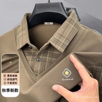Mùa thu phong cách mới của người đàn ông tay áo dài ve áo cao cấp polo áo trung niên lỏng lẻo sọc giả hai cha ăn mặc