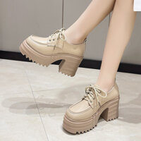 Mùa Thu Phong Cách Mới Đế Dày Phong Cách Anh Quốc Giày Đơn Thời Trang Nữ Gót Dày Mũi Tròn Màu Trơn Cao Gót