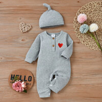 Mùa Thu Phong Cách Mới Nam Nữ Bé Màu Trơn Hố Dải Nhỏ Tình Yêu Jumpsuit Mũ Miễn Phí