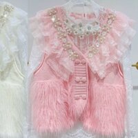 Mùa Thu Phong Cách Mới Ngọt Ngào Lông Áo Vest Nữ Ren Khâu Công Nghiệp Nặng Đính Hạt Kim Cương Áo Khoác Không Tay