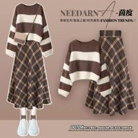 Mùa Thu Phong Cách Mới Thời Trang Melade Mặc Phong Cách Chanel Áo Len Sọc Váy Kiểm Tra Bộ Đồ Hai Mảnh Nữ