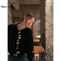 Mùa Thu Retro Thiết Kế Niche Áo Len Đen Áo Khoác Nữ Mềm Mại Sáp Phong Cách Hàn Quốc Rời Lười Nhẹ Nhàng Dệt Kim Cardigan