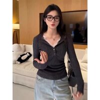 Mùa Thu Thịt Người Đàn Ông Cotton Hố Dải Chải Ren Dài Tay Dệt Kim Nữ Mỏng Hơn Nhìn Top