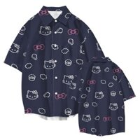 [Mùa tốt nghiệp] Áo sơ mi ngắn tay phong cách mới mùa hè Hello Kitty Cặp đôi Thiết kế phong cách Hồng Kông Cảm giác thích hợp In dáng rộng Phù hợp với nam hàng đầu Hàng hóa học sinh Hợp thời trang Mùa xuân mùa hè