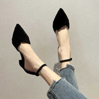 Mùa Xuân 2024 Mới Trùm Đầu 100 Phụ Nữ Dày Màu Đen Cao Gót Nhẹ Miệng Giày Đơn