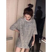 Mùa xuân 2025, đầm áo thun ngắn tay dài vừa phong cách Hồng Kông mới, đầm ngắn tay lấp lánh cho phụ nữ, đầm rộng rãi sáng bóng My Majiang's UPGX