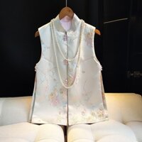 ✨Mùa Xuân 2025 Mới Phong Cách Trung Quốc Jacquard Đứng Cổ Đính Hạt Nút Áo Phong Cách Quốc Gia Retro Áo Khoác Không Tay Áo Vest Nữ Top 25.3.27