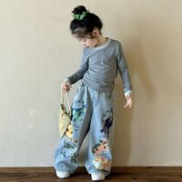 Mùa Xuân 2025 Phong Cách Mới Phù Hợp Với Bé Gái Đáy Áo Sơ Mi Phiên Bản Hàn Quốc Giả Hai Mảnh Dài Tay Top Áo Thun Trẻ Em Quần Jean