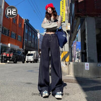 Mùa Xuân 2025 Phong Cách Mới Retro Xanh Đậm Quần Jean Ống Rộng Bé Gái Rời Ôm Hơn Nhìn Khâu Drap Thẳng @