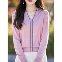 Mùa Xuân 2025 Phong Cách Mới Mịn Quay Len Cổ Chữ V Áo Len Thiết Kế Kim Cương Chui Đầu Đan Đáy Áo Sơ Mi Top