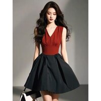 Mùa Xuân 2025 Phong Cách Mới Đen Đỏ Tương Phản Màu Khâu Siêu Nóng Đầm miu Phong Cách Mặc Váy Pháp Nữ Mùa Hè20250302