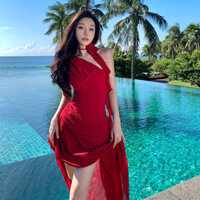 Mùa Xuân Mùa Hè Cao Cấp Không Tay Đầm Phong Cách Hy Lạp Drape Váy Dài Hot Girl Pure Desire Slimer Look 24.12.10