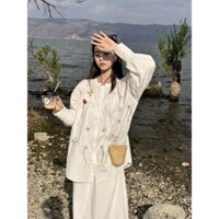 Mùa Xuân Mùa Hè Duleli Vườn Đầu Mùa Xuân Nhiều Màu Sắc Thêu Ren Cổ Tròn Rời Áo Sơ Mi Váy Phù Hợp Với