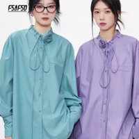 Mùa Xuân Phong Cách Mới Bên Ngoài Mặc Tính Khí Màu Trơn Áo Sơ Mi Dài Tay Nữ Màu Xanh Rời Đứng Cổ Áo Nữ