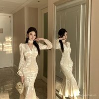 Mùa Xuân sớm 2024 mới phong cách Trung Quốc mới váy liền đuôi cá cao cấp đẹp váy dạ hội người lớn nữ váy dài