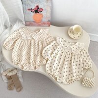Mùa Xuân Tập Đi Jumpsuit Hoa Chấm Bi Áo Liền Quần Bé Gái Ren Ngọt Ngào Ve Áo Dài Tay Cho Bé Onesie