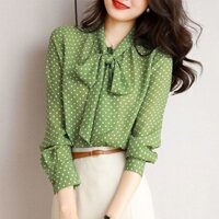 Mùa Xuân Thu 2024 Áo Sơ Mi Mới Nữ Xanh Chấm Bi Áo Sơ Mi Cổ Phối Ren Tay Dài Một Ngực Cardigan Mỏng Top