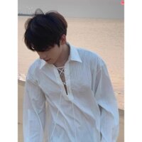 Mùa Xuân Thu Cao Cấp Dài Tay Áo Thun Nam Nữ Rời Kết Cấu Đặc Biệt Niche Cung Điện Phong Cách Áo Sơ Mi