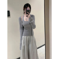 Mùa Xuân Thu Dệt Kim Cardigan Áo Khoác Nữ Dài Tay Mỏng Cổ Dây Áo Vest Thiết Kế Màu Tím Bộ Đồ Hai Mảnh