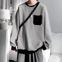 Mùa Xuân Thu Phiên Bản Hàn Quốc Cổ Tròn Áo Nam Nhật Bản Quần Áo Thu Đông Dài Tay Áo Thun Nam Phong Cách Hồng Kông Sọc Áo