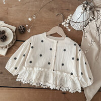 Mùa Xuân Thu Trẻ Em In Hình Chấm Bi Puff Dài Tay Cardigan Nữ Phong Cách Công Chúa Khâu Áo Khoác Ren
