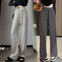 Mùa xuân và mùa hè mới, rộng rãi và đơn giản, mẫu Mỏng giản dị, đi kèm với sửa chữa chân, xếp nếp, phiên bản hẹp, sọc đen trắng, quần ống đứng, ghi nhớ Ma Huange VE1H