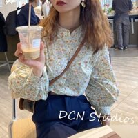 Mùa xuân và mùa thu phong cách mới đơn giản giản dị Hàn Quốc retro màu xanh lá cây nhạt nhỏ hoa nhài Cổ Đứng Có xương Áo sơ mi hoa thời trang hợp thời trang