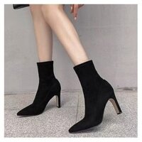 Mũi Nhọn Mỏng Hơn Nhìn Đùi Giày Bốt Thu Đông Da Lộn Cao Gót Trên Đầu Gối Giày Bốt Co Giãn Cao Cấp Nữ