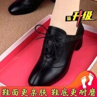 Mũi Vuông Ren-Up Phong Cách Mới Giữa Thấp Gót Giày Mùa Thu Mẹ Nữ Giày Da Thật Mềm Gót Dày 2025 Nữ Đen