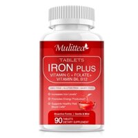 Mulittea Iron Plus Vitamin C + Folate + Vitamin B6, B12 Viên Sức khỏe tim mạch, Hỗ trợ năng lượng & hồng cầu, Chống táo bón