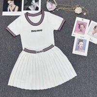 Mumu Mùa Hè Dệt Kim Màu Sắc Tương Phản Áo Thun Tay Ngắn Xếp Ly Váy Hai Mảnh QVV