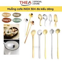 Muỗng thìa inox 304 cà phê loại dày nhỏ cán dài đa phong cách mạ vàng hình bông hoa, móng vuốt mèo – THEA