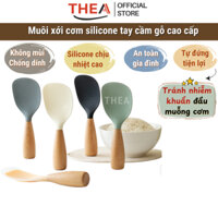 Muỗng xới cơm, vá múc cơm chống dính, muôi xới cơm bằng silicone tự đứng tay cầm bằng gỗ phong cách Nhật Bản – THEA