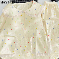 MUSHIQI Bộ Đồ Ngủ Nữ Chấm Bi Cardigan Quần Dài Loungewear Bộ Hai Mảnh