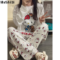 MUSHIQI Bộ đồ ngủ nữ dáng rộng cổ tròn Hello Kitty Áo thun dài tay Quần dài Quần áo gia đình Bộ hai mảnh